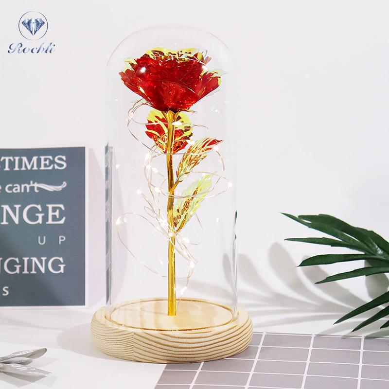 Gold Foil Rose Eternal Flower Glass Cover Gift for Valentine's Day, Christmas, New Year