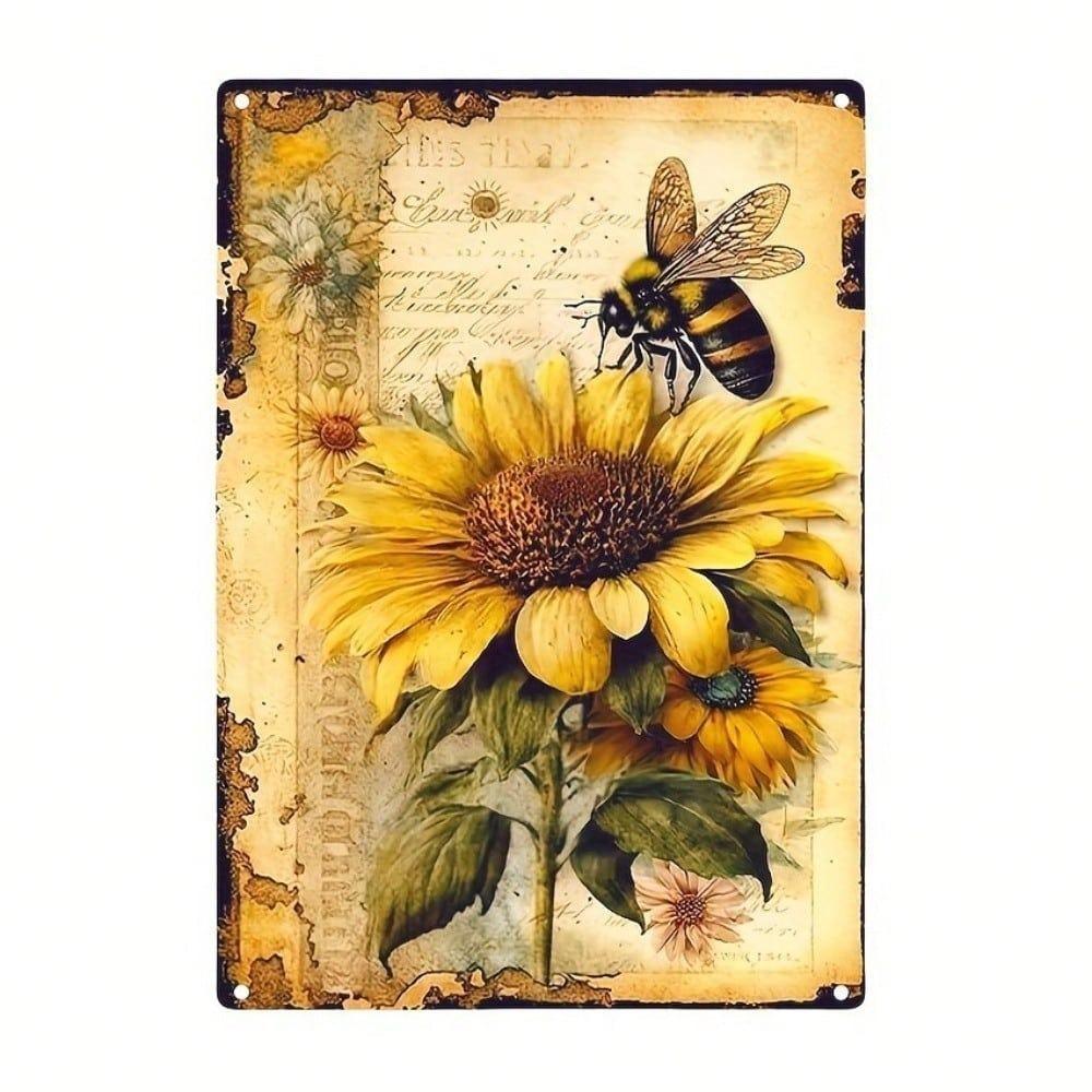 Vintage Metal Tin Sign Sunflower Bee Wall Art Rustic Home Decor Plaque Kitchen Cafe Farmhouse