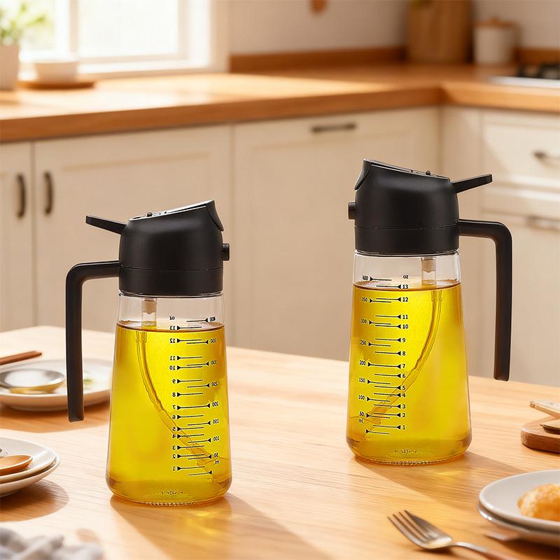 Graduated Glass Oil Dispenser with Handle: Large Capacity, Leak-Proof, 2-in-1 Spray for Kitchen Use.