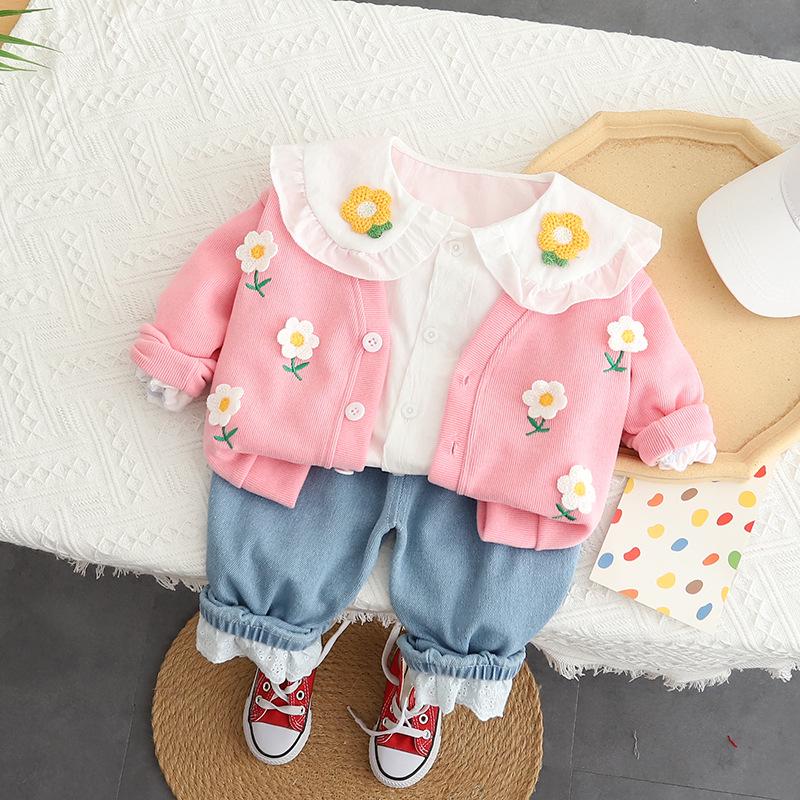 2023 New Spring & Autumn Girls’ Sweet Cardigan Three-Piece Set – Casual Outfit for Small & Medium Children, Ready To Deliver