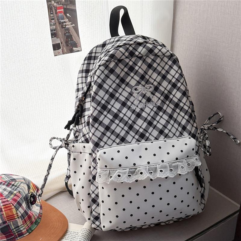 Cute Gingham Polka Dot School Backpack with Bow Detail Lace Trim Lightweight Zipper Daypack for Teen Girls Travel
