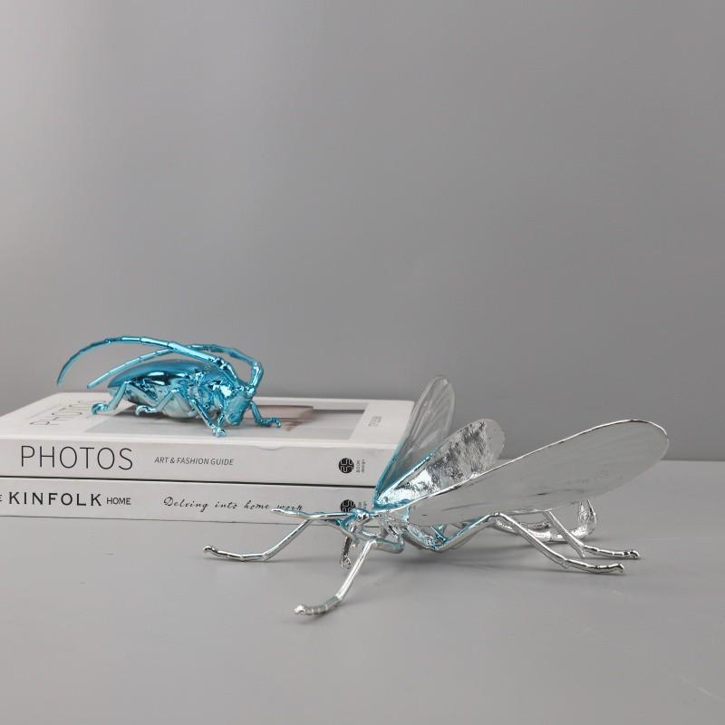 Metal Handicraft Artificial Animal Sculpture Silvery Insect Dragonfly Unicorn Beetle Figurines Home Decoration Accessories