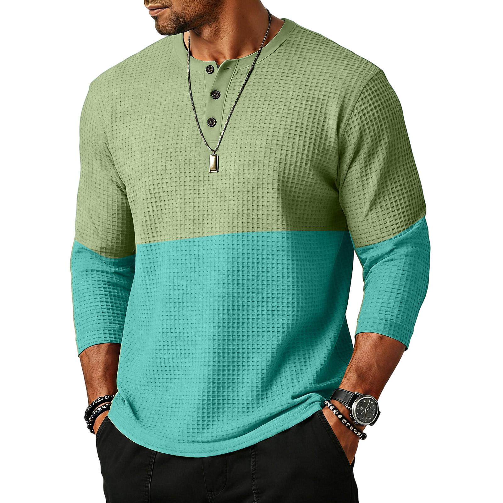 

Men Henley Knit Long Sleeve Shirt Casual Crewneck Button Design Patchwork Top Comfortable Fit XL