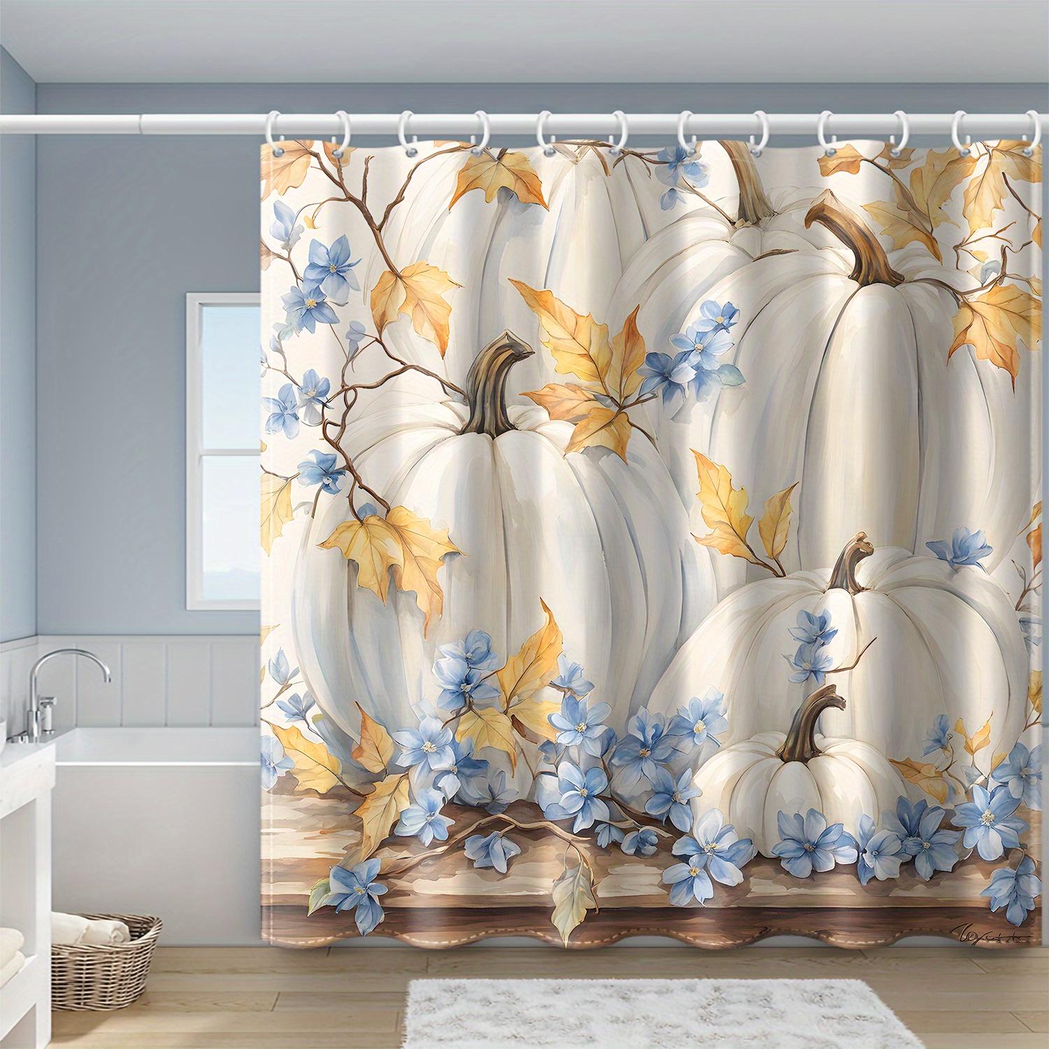 

Autumn Curtain - Pumpkin & Blue Flowers, Water-Resistant, 12 Hooks, 71In, All-Season W90XH180cm