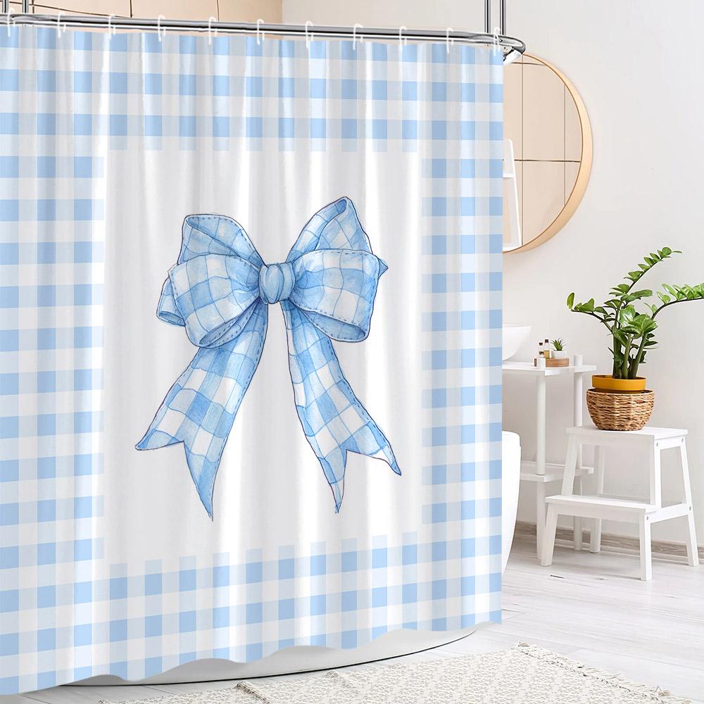 Blue Cute Bow Shower Curtain Fashion Stripe Plaid Girls' Holiday Gift Polyester Fabric Shower Curtains Bathroom Decor With Hooks