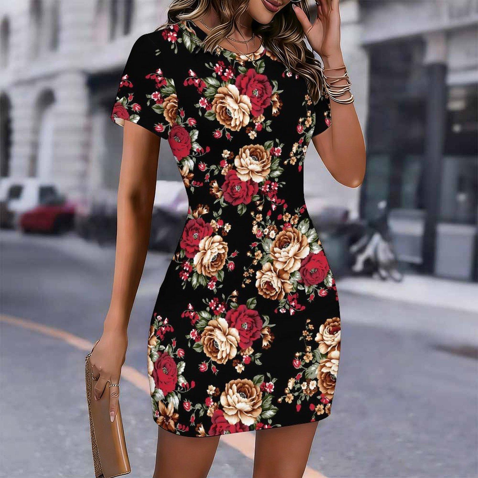

Fashion Womens Loose Floral Pattern Print O Neck Short Sleeve Loose Streetwear A-line Dress S чёрный