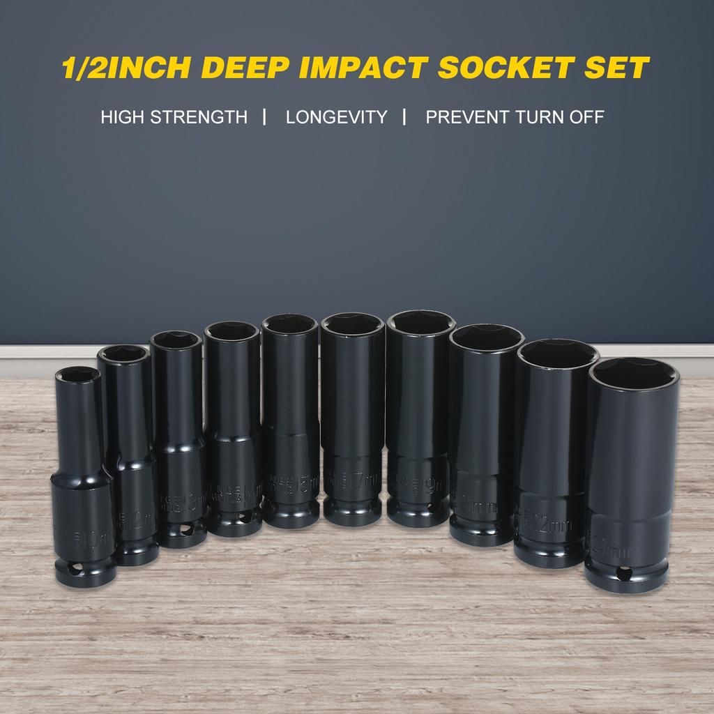 Set prize cu impact în 6 puncte cu antrenare de 1/2 inch 10 piese Dimensiuni metrice 10-24 mm Set prize cu impact din oțel carbon