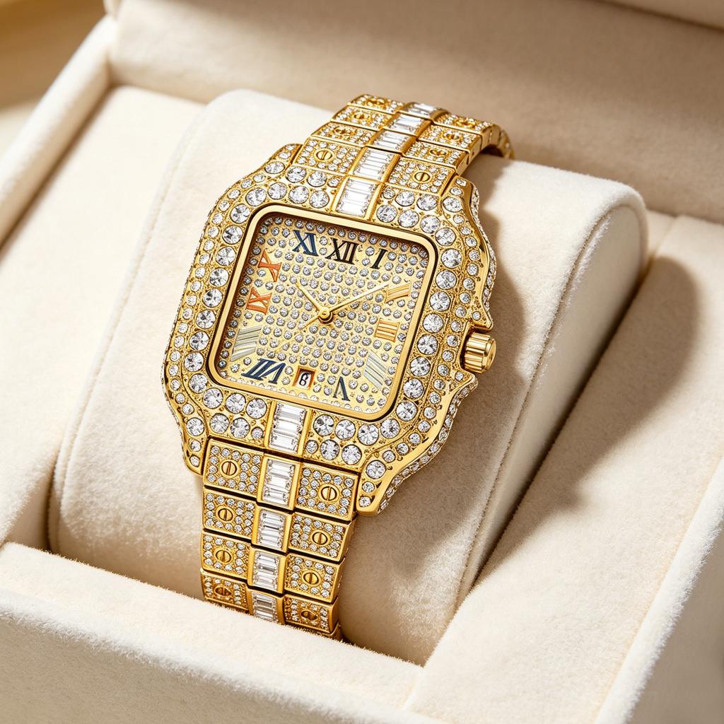 Women's watch, elegant square design, set with zirconia, quartz movement, with calendar function, elegant and fashionable. Ideal