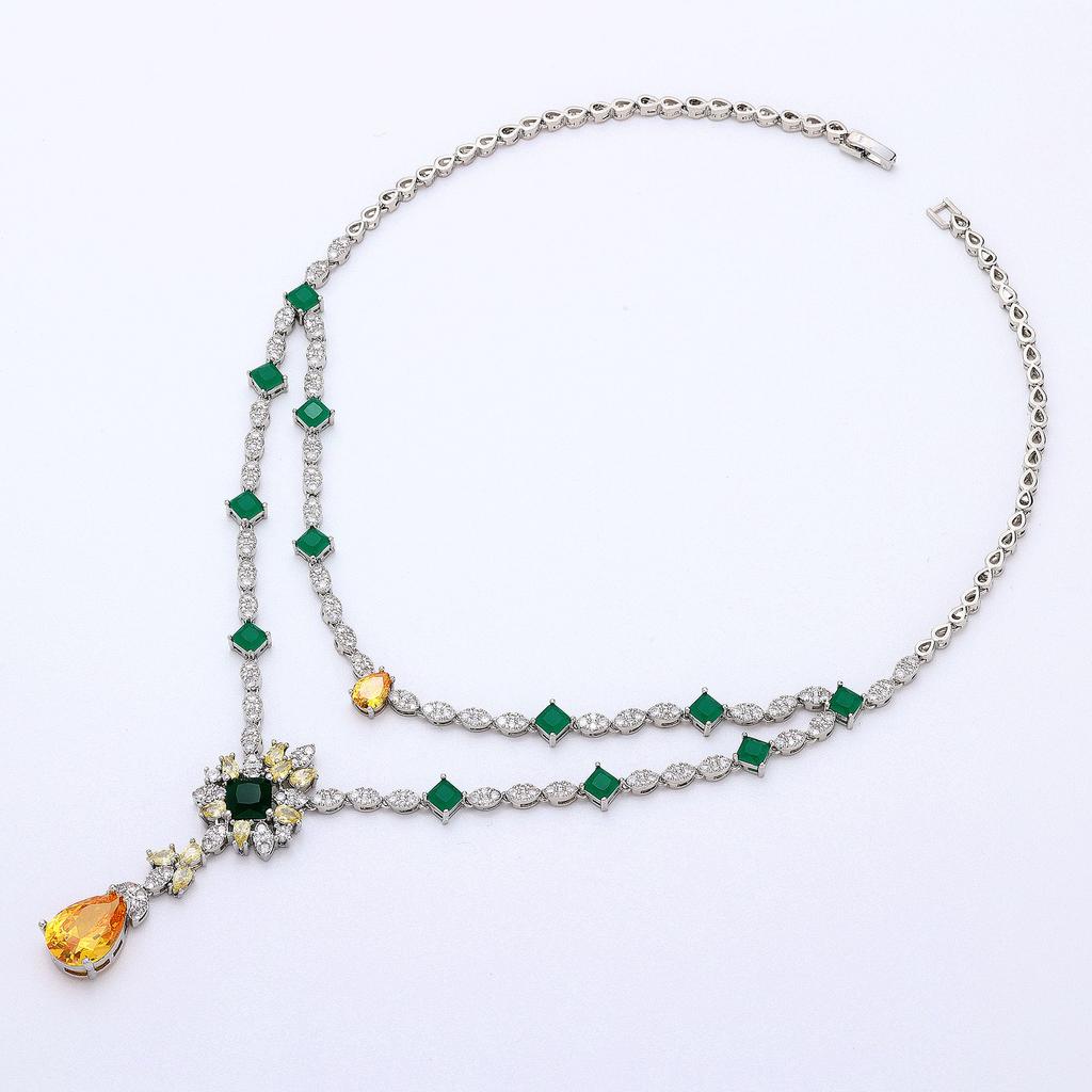 Dress Set Chain Heavy Industry Design Necklace Earrings Set Gorgeous Double-layer Color Zircon Jewelry Set