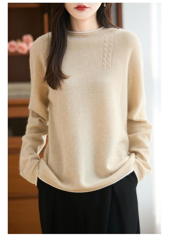 Autumn/Winter Pure Wool Cable Knit Double Round Neck Rolled Hem Long Sleeve Color Block Loose Pullover