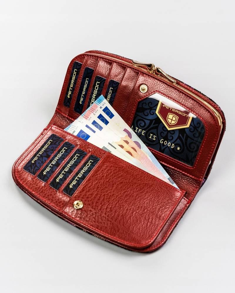Large, Roomy Wallet Made of Genuine Leather with a Floral Pattern - Peterson