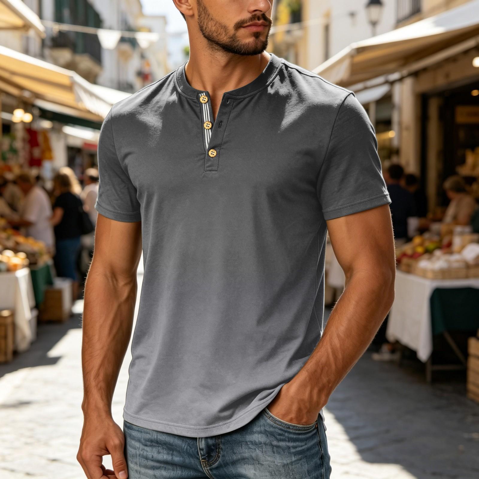 Мужская футболка-henley с коротким рукавом, повседневная, на пуговицах, легкая, дышащая, смесовая хлопковая, летняя L чёрный
