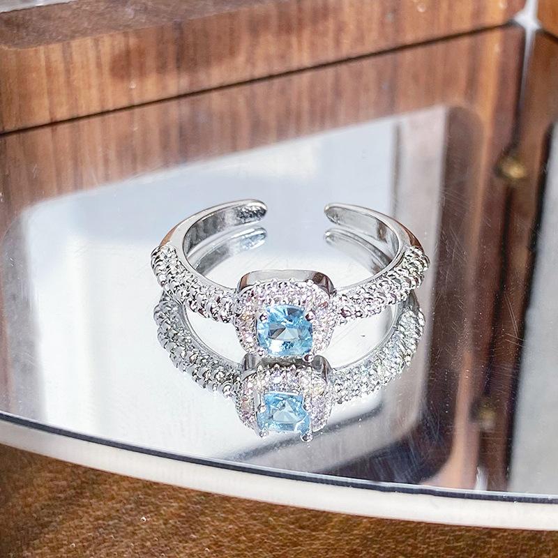 Light Luxury High-End Sea Blue Zircon Light Luxury Sugar Cube Love Open Ring Niche Stacking Wearing Colored Treasure Exquisite Ring