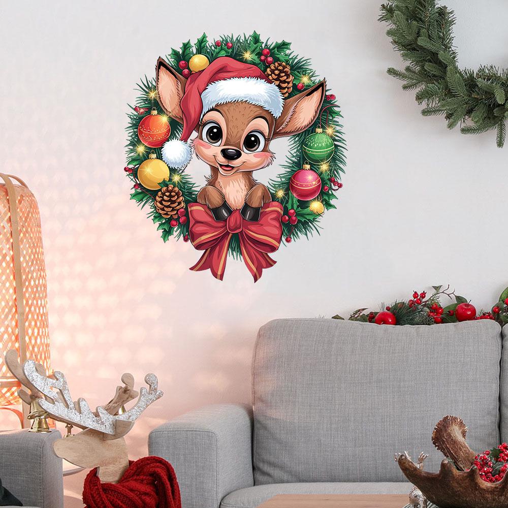 Removable Christmas Reindeer Wreath Wall Sticker for Living Room, Bedroom, or Entrance