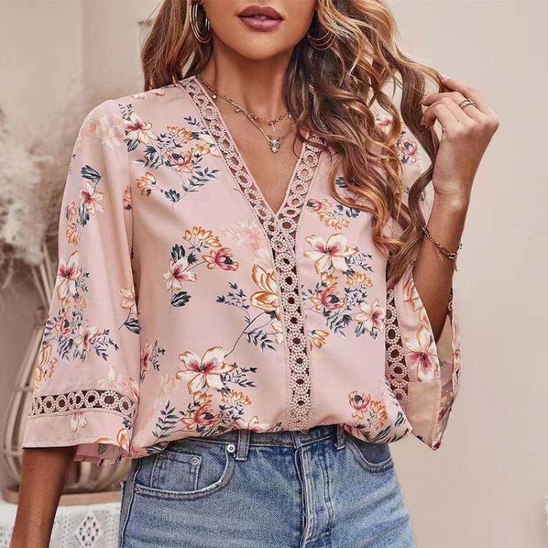 Women's Summer New Loose Type V-neck Temperament Commuter Flare Sleeve Lace Blouse Chiffon Shirt