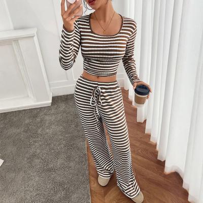 Autumn New Product Women's Striped Square Collar Long Sleeve Drawstring Elastic Waist Trousers 2-piece Slim Fit Set