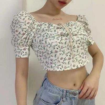 New Spring and Summer Style Small Fresh Square Collar Floral Puff Sleeve Short Sleeve Top To Make It Look Slim and Short T-shirt for Women
