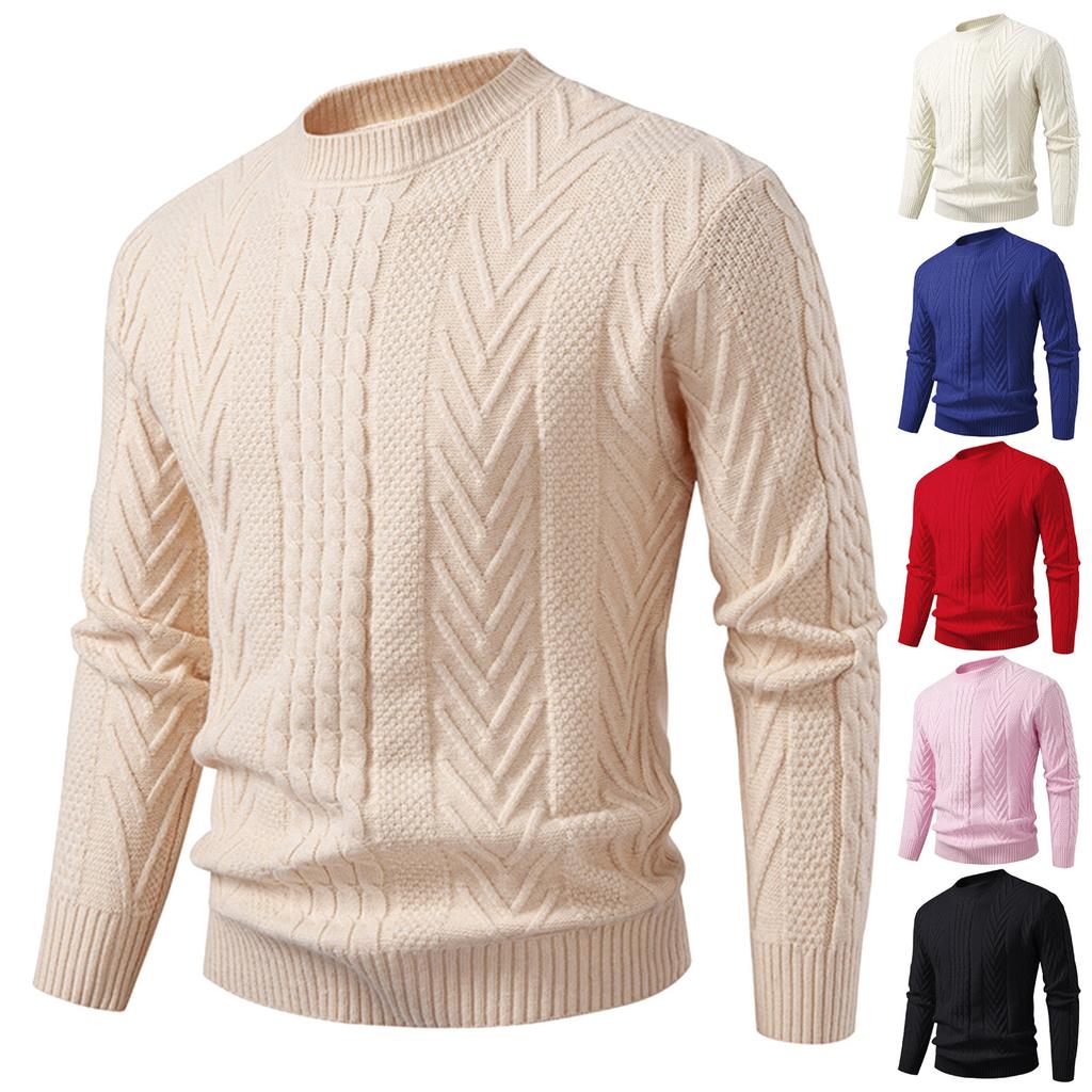 Men's Solid Color Cable Knit Pullover Sweater Slim Fit Warm Knit Pullover
