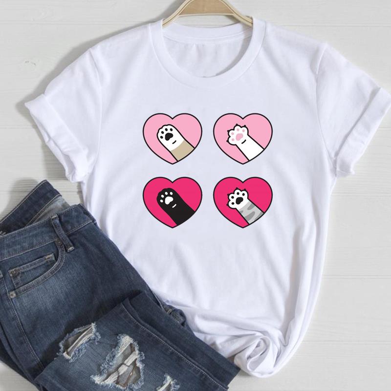 (European Size)Dog Cat Tee Top Fashion T Shirt Casual Paw Watercolor Floral Funny Women Clothing Print Lady Female Short Sleeve Graphic T-shirt