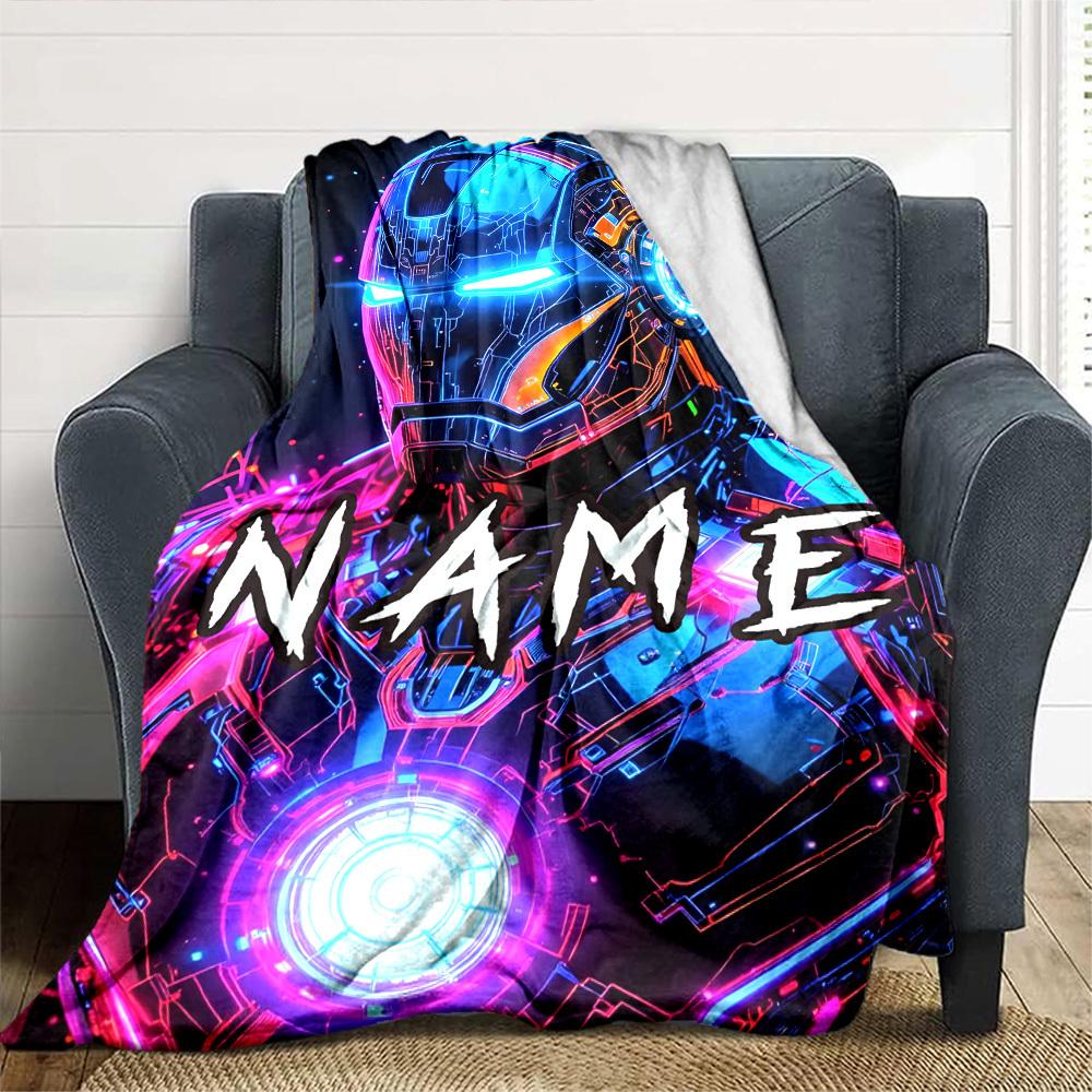 Neon Iron Man Helmet In Space Theme Throw Customizable Blanket Personalized Name Durable Comfort Great For Sofa Couch Office Bed Picnics Ideal For All