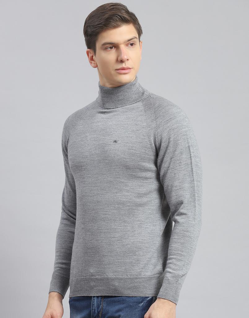 Monte Carlo Mens Solid Grey Melange High Neck Full Sleeve Pullover