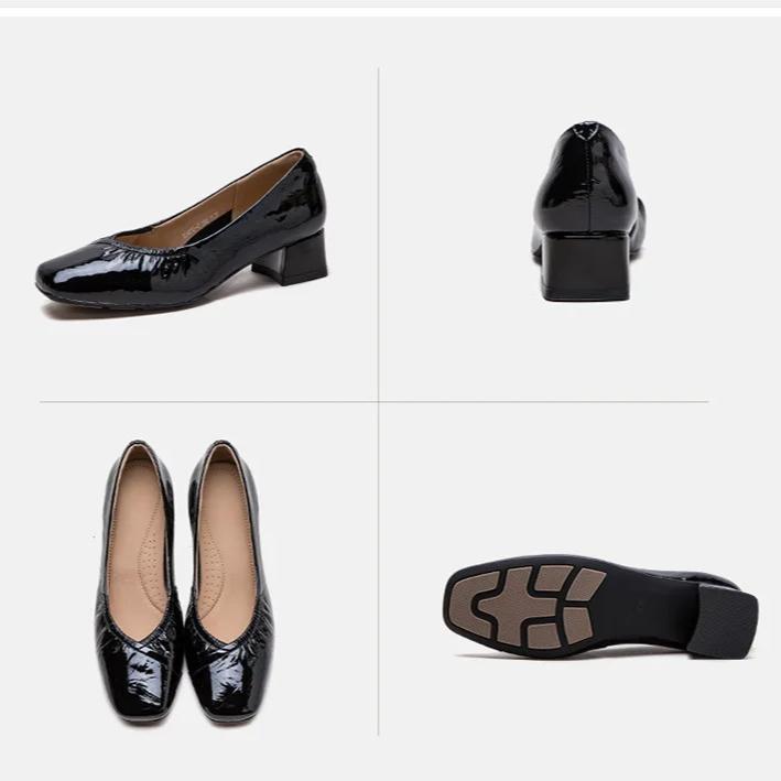 Johnature Square Toe Office Lady Pumps Genuine Leather Fashion Thick Heeled Slip-on Women's Shoes