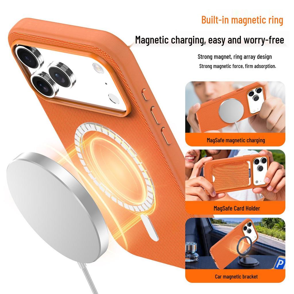 Magnetic Tech Cloth Fabric Phone Case for iPhone 15/16/17 Pro Max with Camera Button Protection.