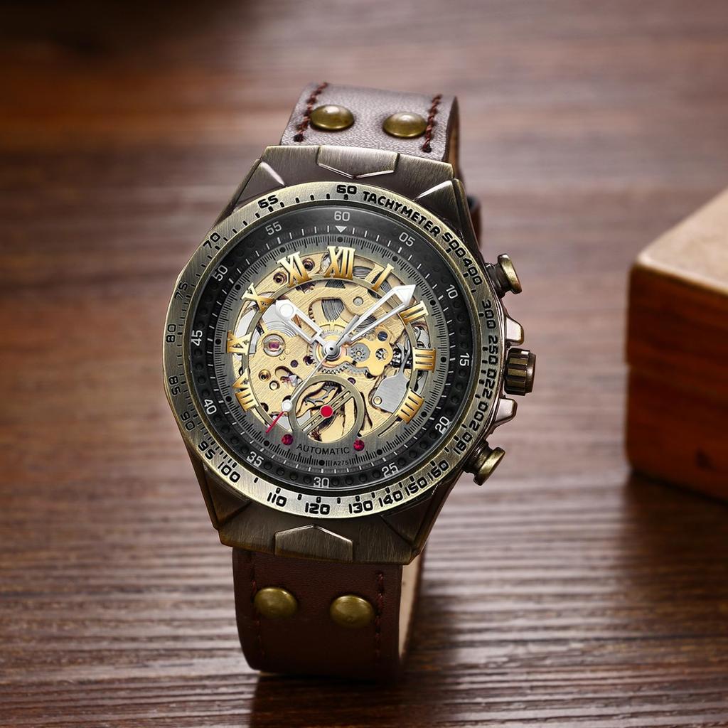 Automatic Winding Men's Skeleton Watch with Genuine Leather Strap: Roman Numerals, Analog Display, 3ATM Water Resistant, Suitable for Leisure, Busines