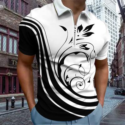 Lässiges T-Shirt mit Revers für junge Herren, modisches T-Shirt mit Reißverschluss, kurzärmeliges T-Shirt für Herren mit 3D-T-Shirt mit schwarz gestreiftem Blumendruck