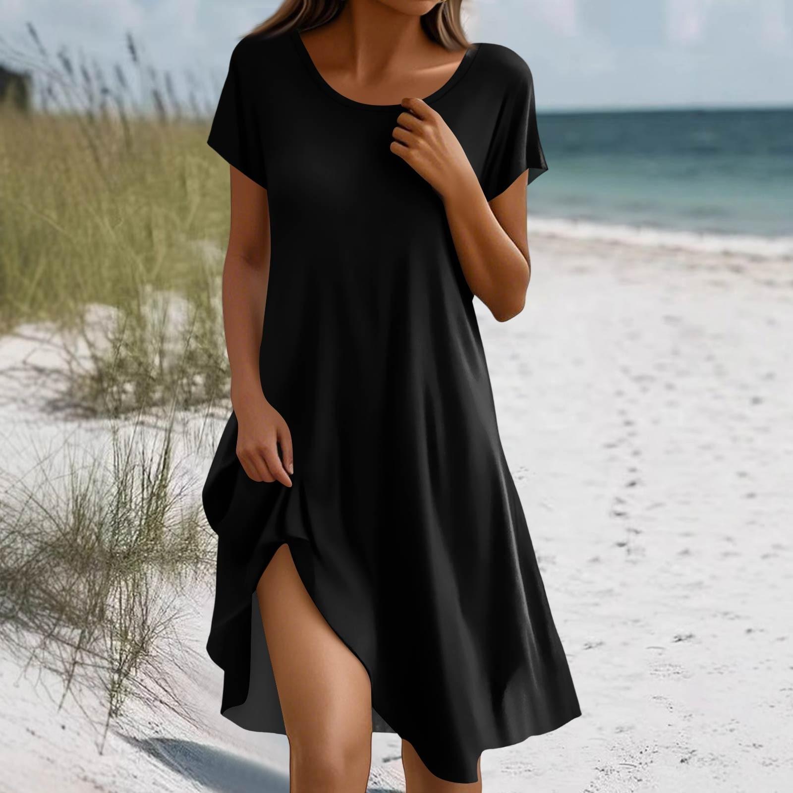 

Жіноча сукня в стилі бохо з коротким рукавом, повсякденна літня сукня вільного крою, плаття з квітковим принтом і кишенями XXL чорний