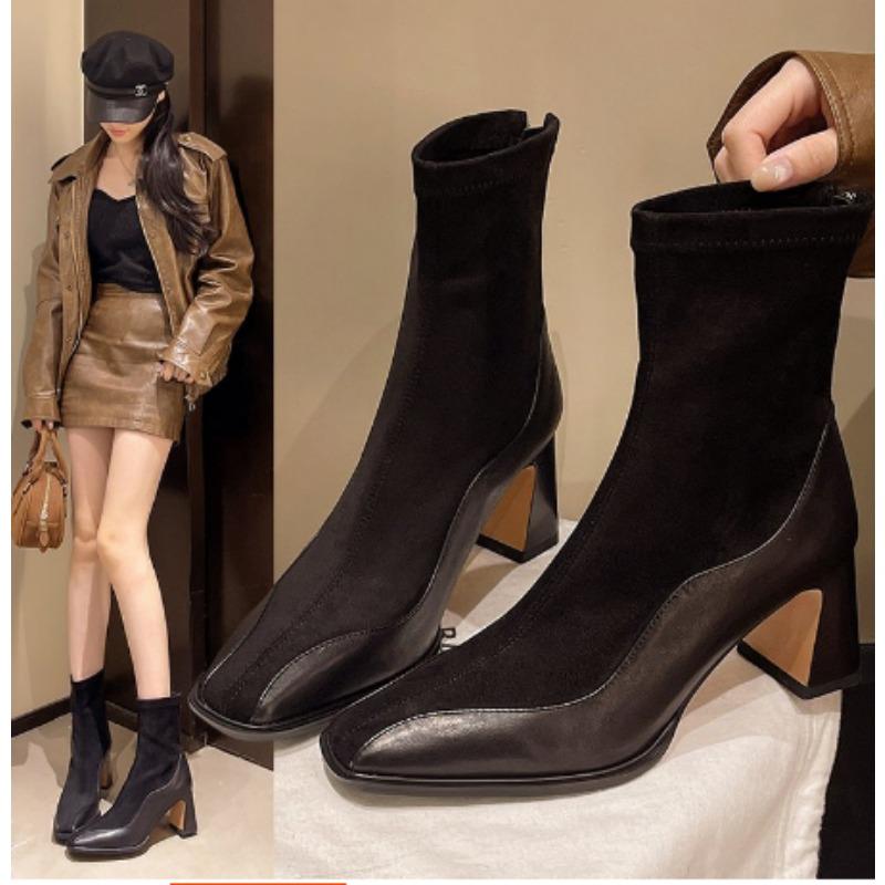 Fashion Retro High Heels Ankle Women's Boots Square Toe Sexy Shoes for Women Shoes Zip Ladies Shoes Classic Daily Thin leg Women Botas
