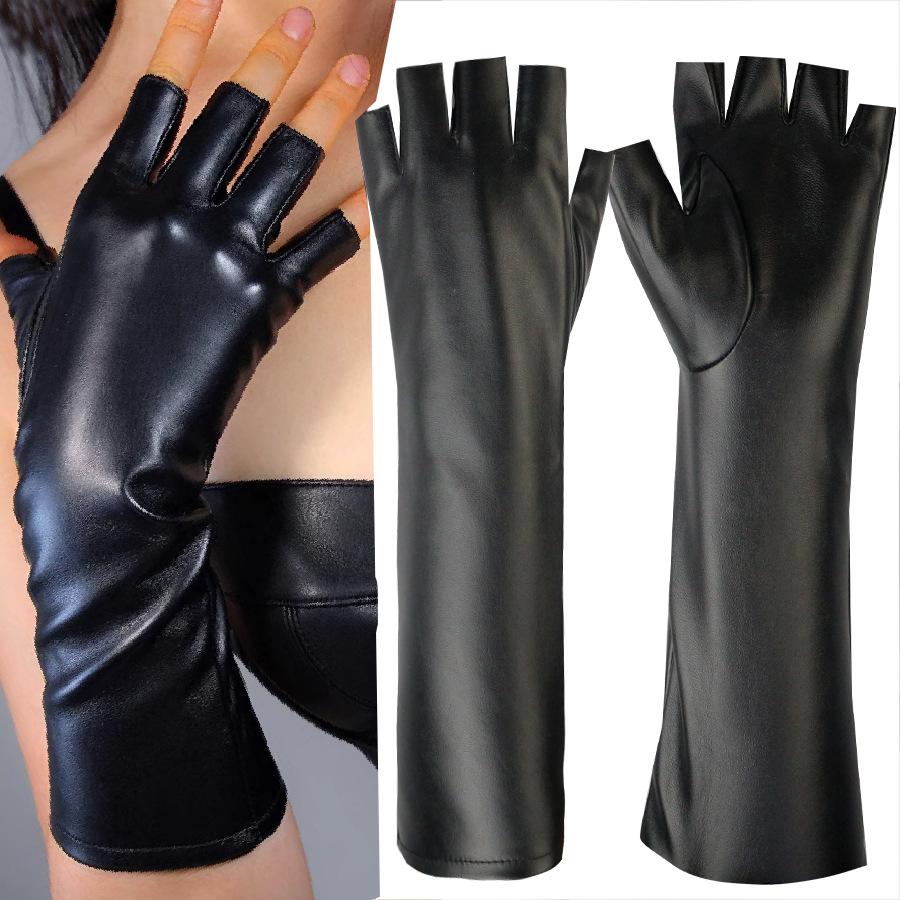 Extended Leather Gloves Women's Half Finger Thin Fleece Windproof Warm Wind Fashion Design Outdoor Fur Gloves