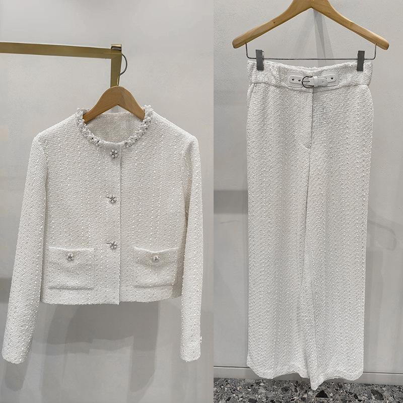 French-Style Early Spring Pearl Tweed Suit: Round Neck Jacket & Wide-Leg Pants (2026 Collection)