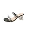Women's slippers 2024 summer fashion Transparent belt metal decoration box shaped square Alien heel high heels wearing sandals