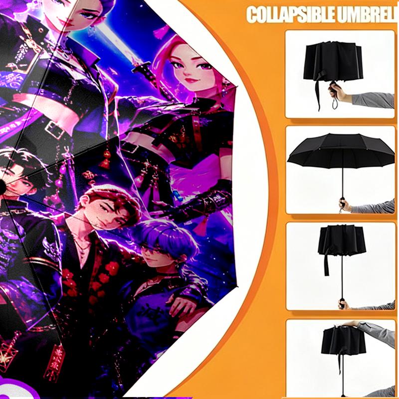 Custom Name Personalized KPop Demon Hunters Print Umbrella, Auto Open Close, 8‑Rib Sturdy Frame, Commute Camping Hiking Use, Birthday Gift