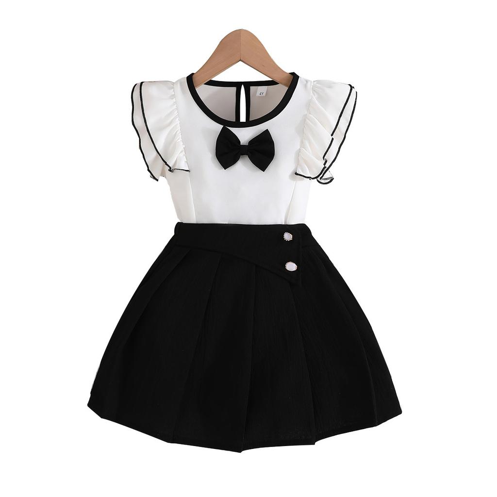 Girls Black and White Classic Set Ruffled Short Sleeve Bow Decorated Top + Pleated Skirt