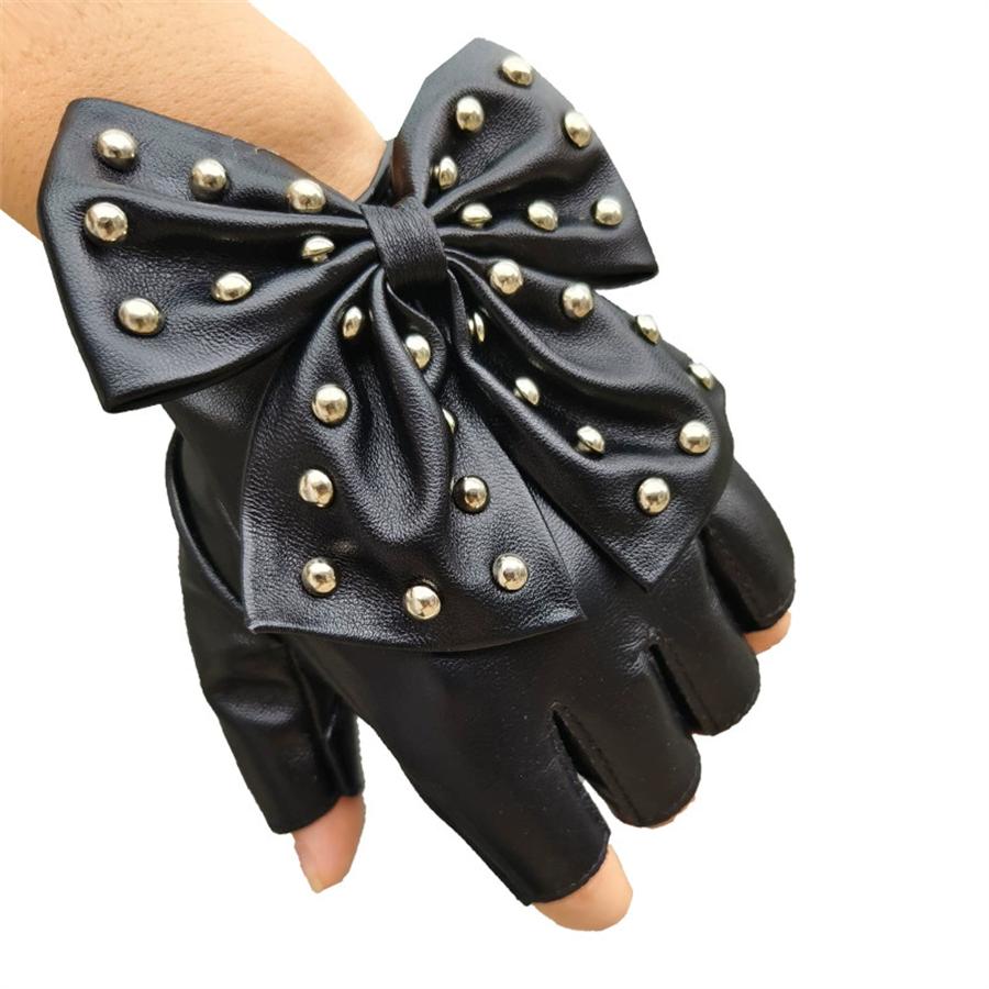 Fingerless Studded Gloves with Bow for Party Cosplay L
