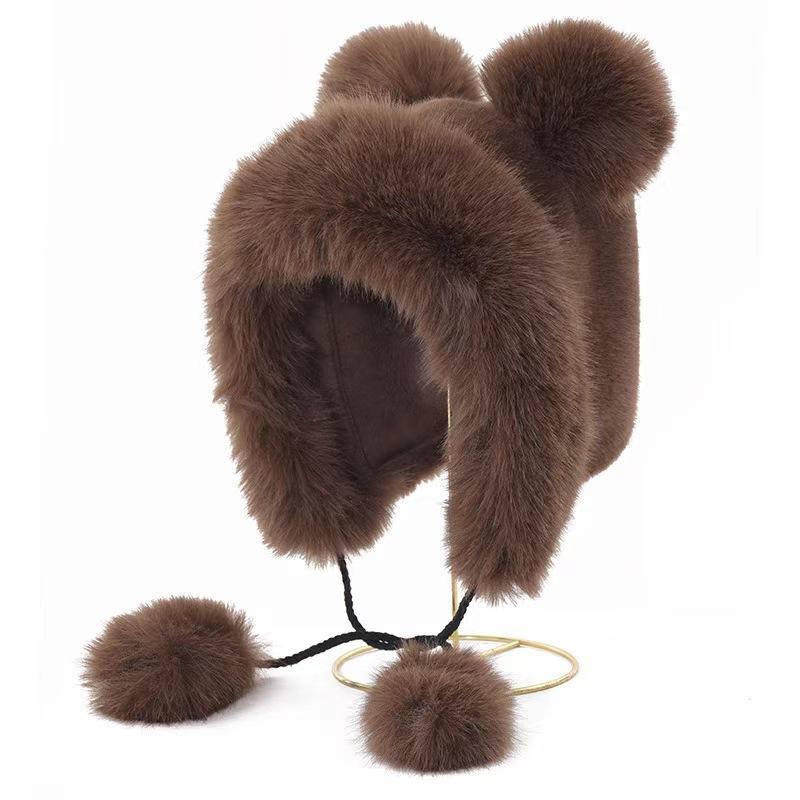 1Pcs Thicken And Warm Ear Protection Wind And Snow Hat Plush Little Bear Lei Feng Hat Winter New Women'S Plush Cute Bear Ear Hat