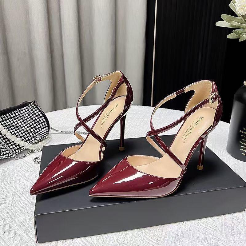2025 Spring and Summer New French Cross-strap Stiletto High Heels Women's One-word Buckle Burgundy Hollow Sandals