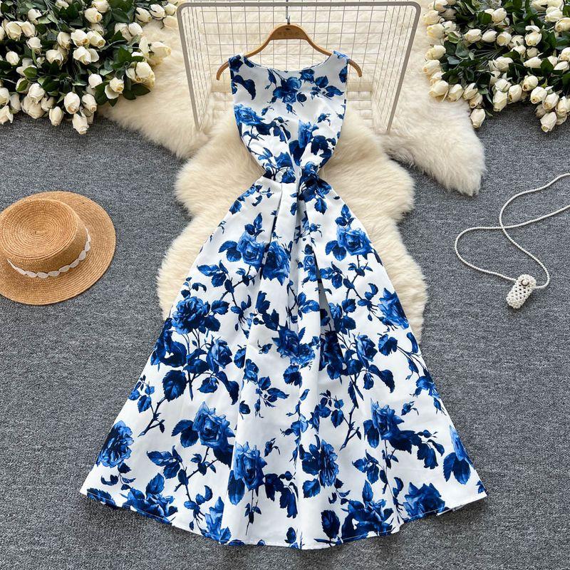 

French style High end Temperament One piece Dress Women 2025 Summer Waist Hugging Slimming Sleeveless Print Big Hemline Puffy Guest dresses Blue L