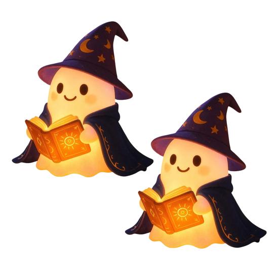 Yousheng 1/2Pcs Enchanting Wizard Ghost Night Light Halloween Reading Book Ghost LED Lamp Home Bedroom Kids Room Decoration Book Lovers Gift