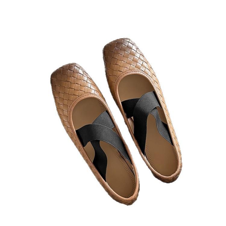 Super soft runaway egg roll shoes cowhide Mary Jane 2025 low heel round head ballet cross strap leather soft sole single shoes women