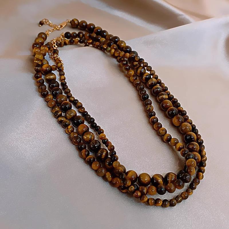Women's Maillard Tiger Eye Stone Beaded Necklace: Autumn-Winter Fashion, Light Luxury, Unique Layered Clavicle Chain