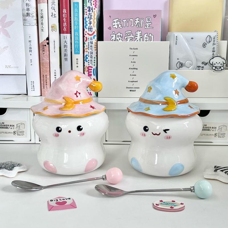 Cute ghost mug with lid spoon high value girl birthday gift office ceramic water cup souvenir