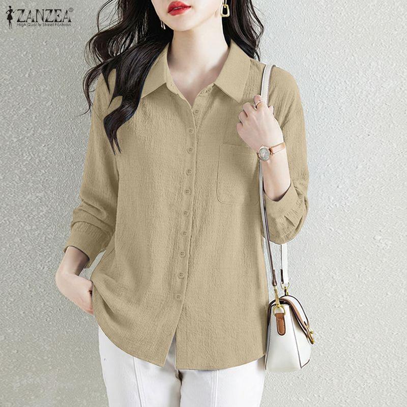 ZANZEA Women Casual Turn Down Collar 3/4 Sleeve Loose Blouse