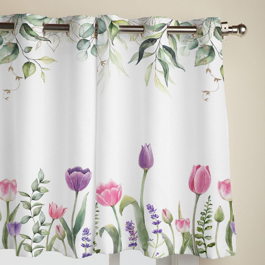 Spring Tulip Flower Plants Window Curtain Living Room Luxury Valance Curtain for Bedroom Home Kitchen Decor Curtain