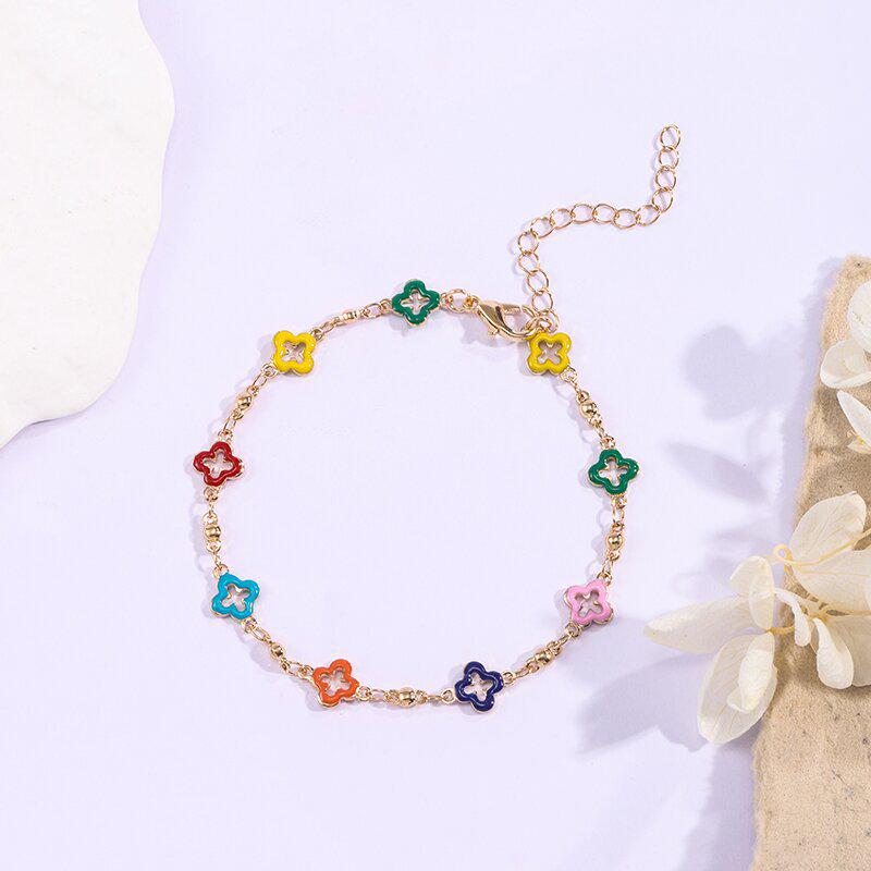 Cute Colorful Dopamine Bracelet & Four-Leaf Clover Hollow Necklace Anklet Set