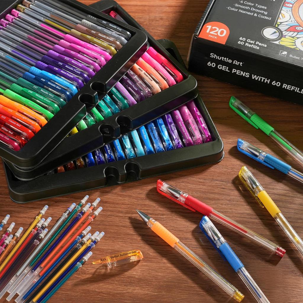 Shuttle Art Gel Ballpoint Gel Set with and Glitter Perfect for and Includes a Portable Tin Case for Easy Perfect for and Pens, 120-Pack, Water-Based