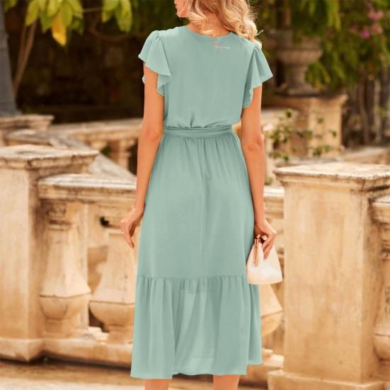 Women's Summer Midi Dress V Neck Ruffle Cap Sleeve Flowy Wrap Dress Boho Beach A-line Swing Sundress
