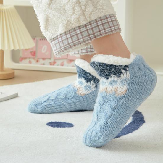 Knitted Slipper Socks Fluffy Winter Ankle Socks with Grips Non Indoor Warm Socks Slip Low Cut